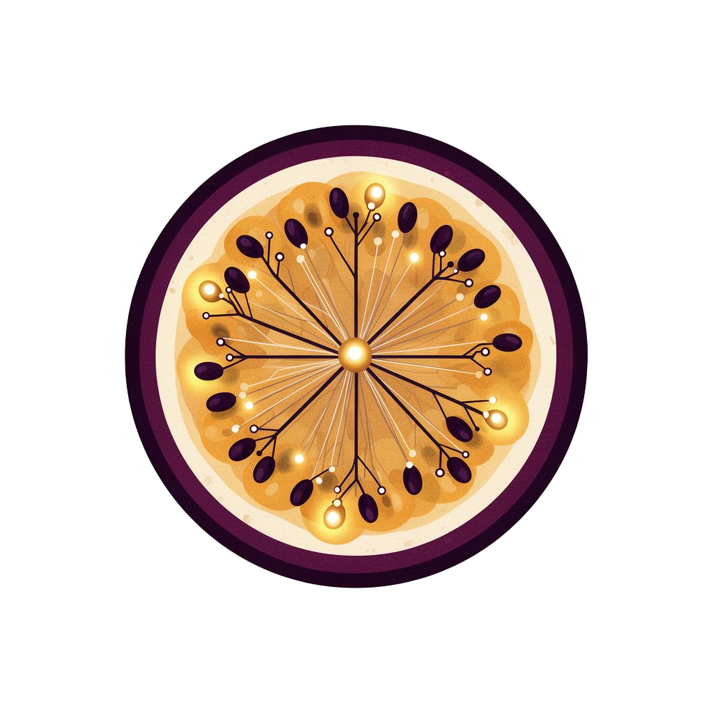 Stylised editorial illustration of a halved passion fruit, the Granadilla Studio mark